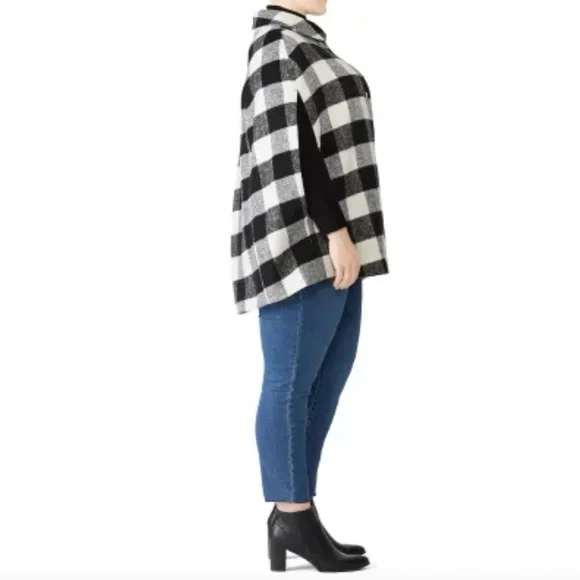 Draper James Eloquii Buffalo Plaid Large Checkered Cape Poncho Black White 14/16